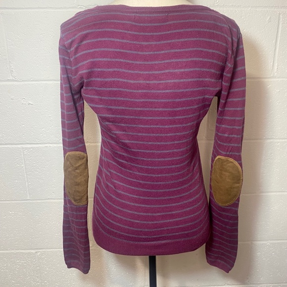 Rubbish Nordstrom Purple Plum Sweater with Gray Stripes & Brown Elbow Patches - Picture 5 of 11